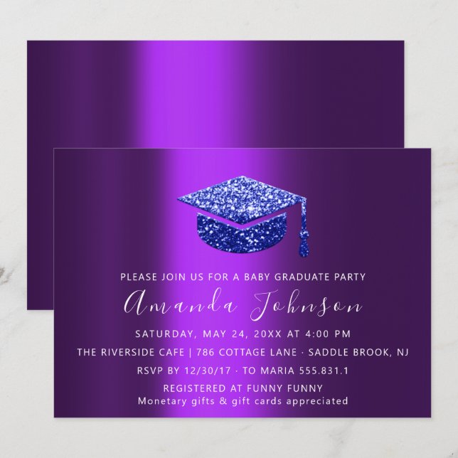 Graduate Party Student Purple Blue Graduate Cap Invitation (Front/Back)