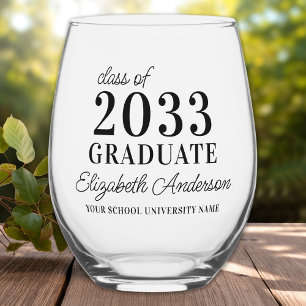 Graduate Personalized Name Year School Graduation Stemless Wine Glass