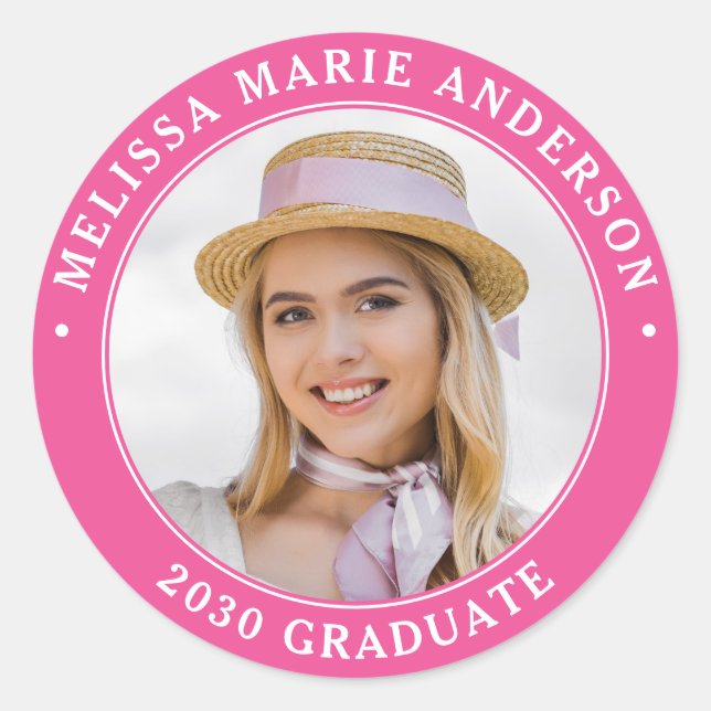 Graduate Personalized Photo Year Pink Graduation Classic Round Sticker (Front)