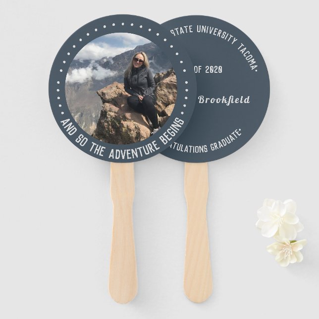 Graduate Photo Adventure Begins Graduation Blue Hand Fan (Front and Back)