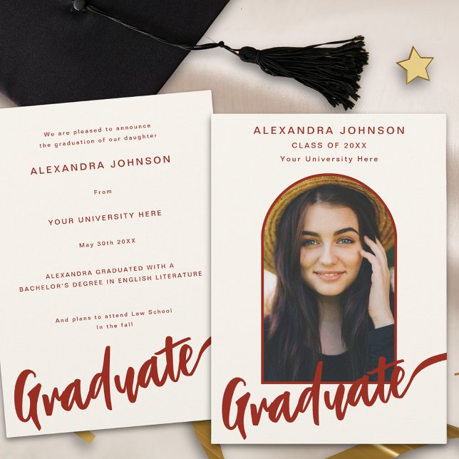 Graduate Photo Arch Modern Burnt Orange Script Announcement (Graduate photo arch elegant burnt orange terracotta script fall Graduation announcement card)