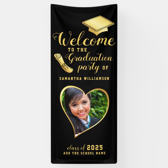 Graduate Photo Black Gold Graduation Welcome Banner (Vertical)