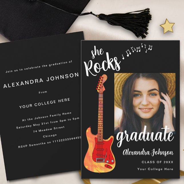 Graduate Photo Black White Script Graduation Party Invitation (Cool electric guitar rock music Graduation party invitation with graduate photo template and stylish)