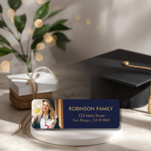 Graduate Photo Blue Gold Script Return Address