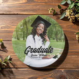 Graduate Photo Bold Black Script Graduation Party Paper Plate