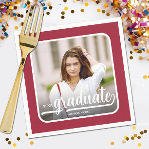 Graduate Photo Bold Script Crimson Napkin