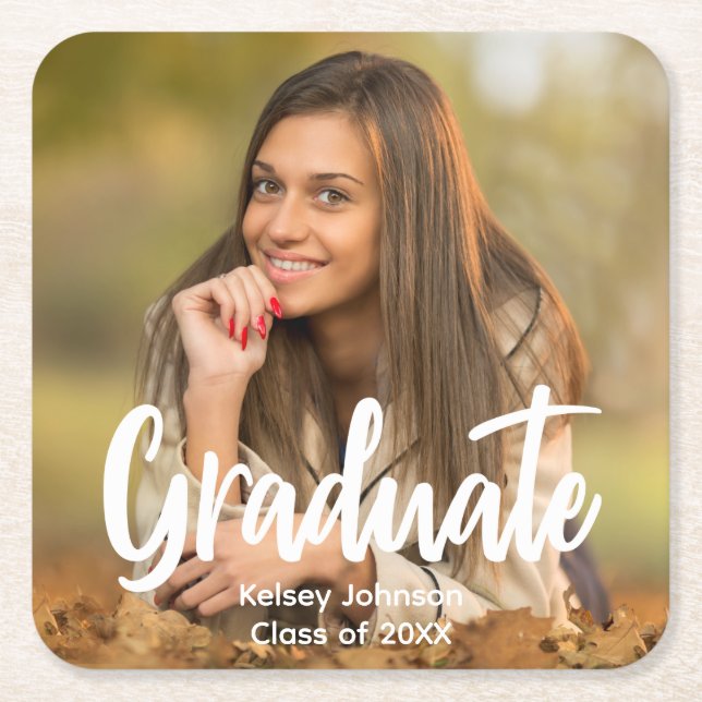 Graduate Photo Bold Script Custom Graduation Party Square Paper Coaster (Front)