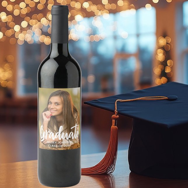 Graduate Photo Bold Script Custom Graduation Party Wine Label (Creator Uploaded)