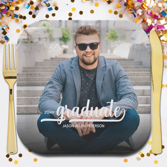 Graduate Photo Bold Script Graduation Party Paper Plate (Bold white script graduate on your photo personalized graduation party paper plates)