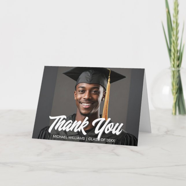 Graduate Photo Bold Script Overlay Graduation Thank You Card (Front)
