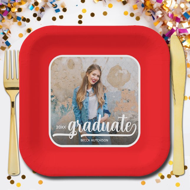 Graduate Photo Bold Script Red Graduation Paper Plate (Photo graduation red square paper plates)