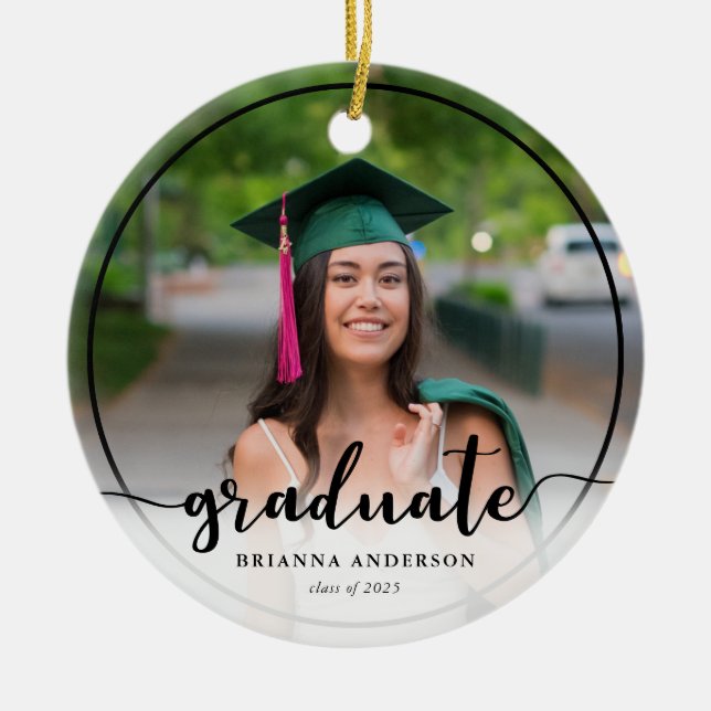 Graduate Photo Calligraphy Black Ceramic Ceramic Ornament (Front)