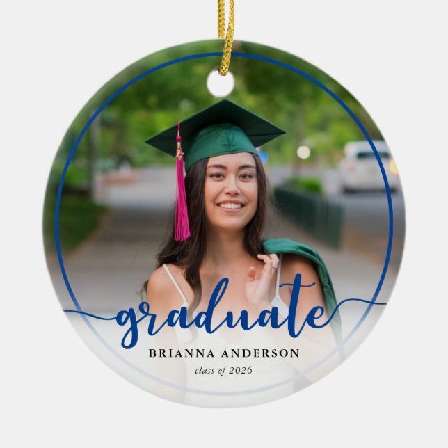 Graduate Photo Calligraphy Dark Blue Ceramic Ornament (Front)