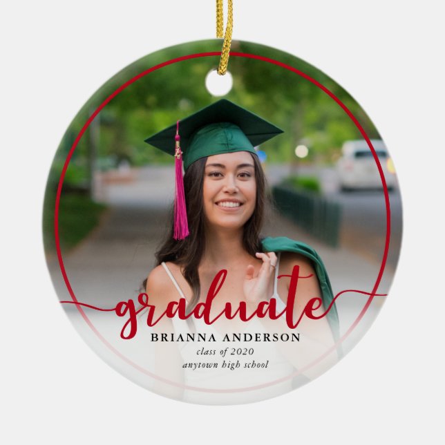 Graduate Photo Calligraphy Red Ceramic Ornament (Front)