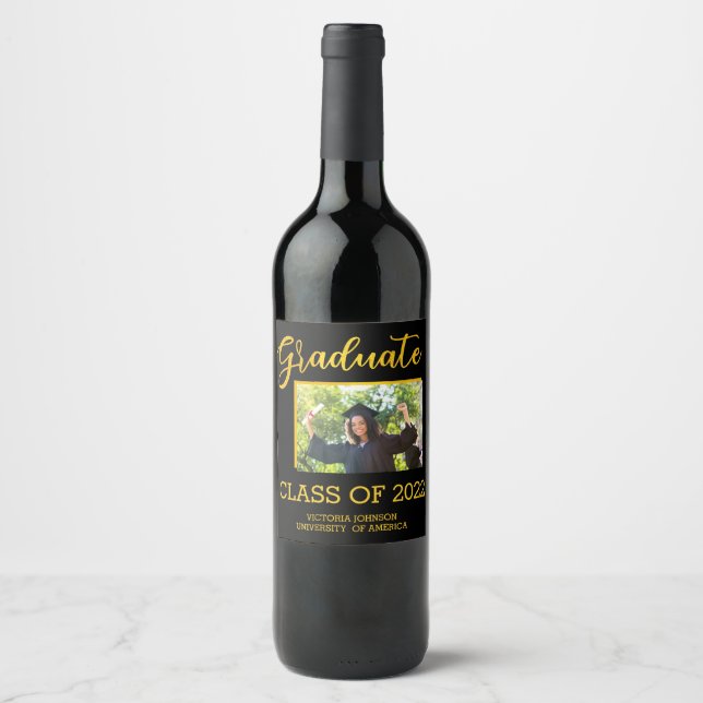 Graduate Photo Class of 22 Black Gold Glitter  Wine Label (Front)