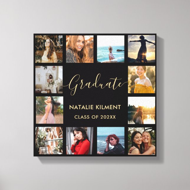 Graduate Photo Collage Black and Gold Graduation Canvas Print (Front)