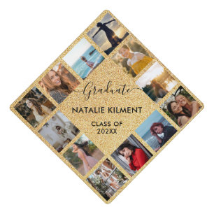 Graduate Photo Collage Black and Gold Name Graduation Cap Topper
