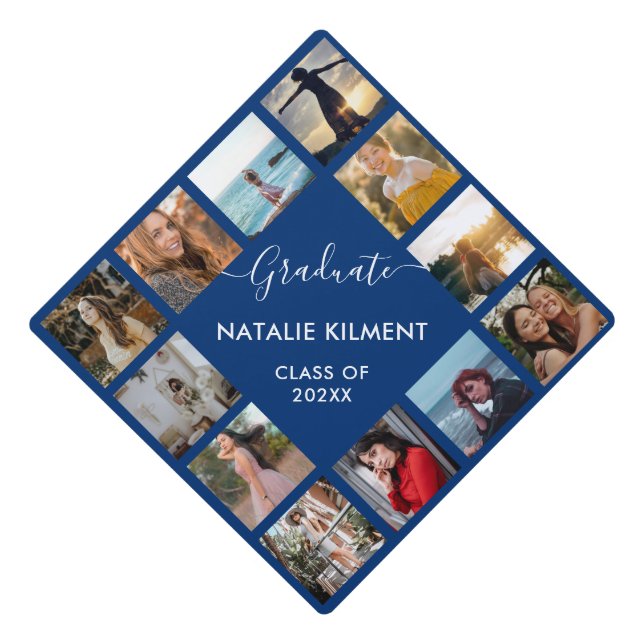 Graduate Photo Collage Black and Navy Blue Name Graduation Cap Topper (Front)