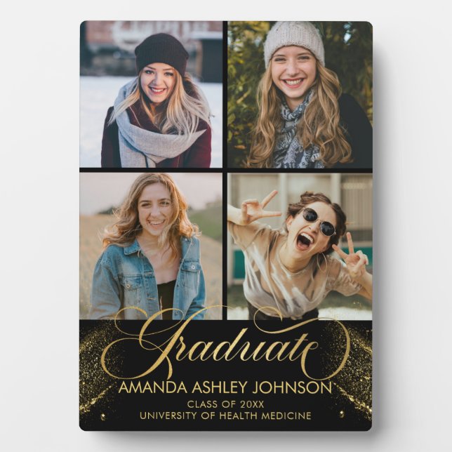 Graduate Photo Collage Black Gold Graduation  Plaque (Front)