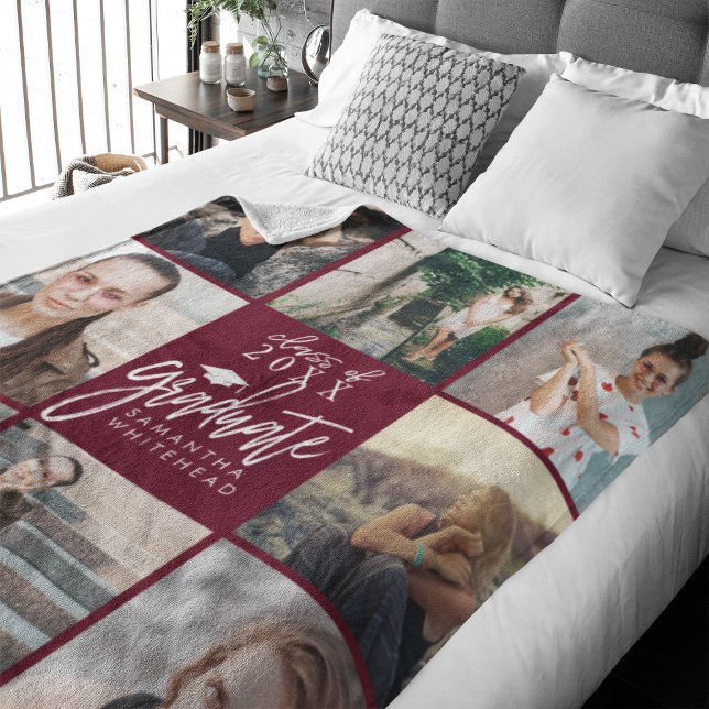 Graduate Photo Collage Fleece Blanket Burgundy (Celebrate your graduate's milestone with our cozy, custom fleece blanket. )