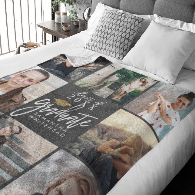 Graduate Photo Collage Gold Glitter Cap Dark Grey Fleece Blanket (Celebrate your graduate's milestone with our cozy, custom fleece blanket. )