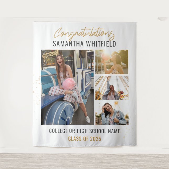 Graduate Photo Collage Modern Graduation Backdrop Tapestry (Front)