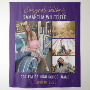 Graduate Photo Collage Purple Grad 2024 Backdrop Tapestry