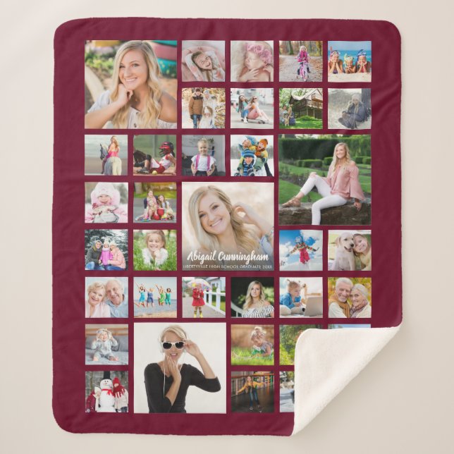 Graduate Photo Collage Script Name Maroon Sherpa Blanket (Front)