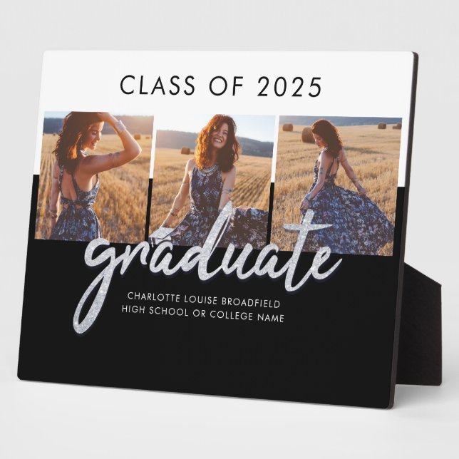 Graduate Photo Collage Silver Script Grad Photo Plaque (Side)