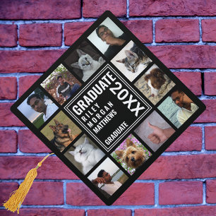 Graduate Photo Collage White On Black Modern Graduation Cap Topper