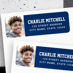 Graduate photo college font blue return address