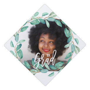 Graduate Photo Eucalyptus Leaves on White Graduation Cap Topper