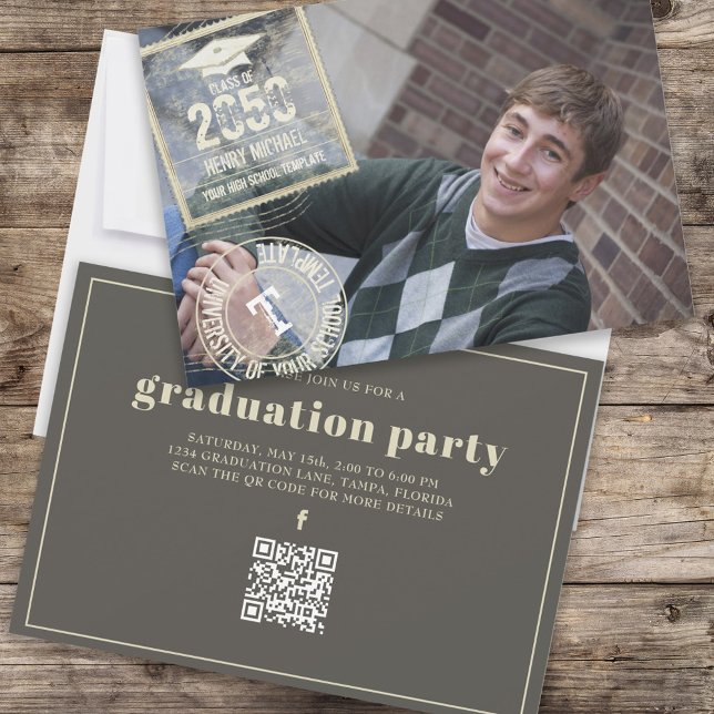 Graduate Photo Modern Gold Cool Grad Stamp QR Code Invitation (Creator Uploaded)