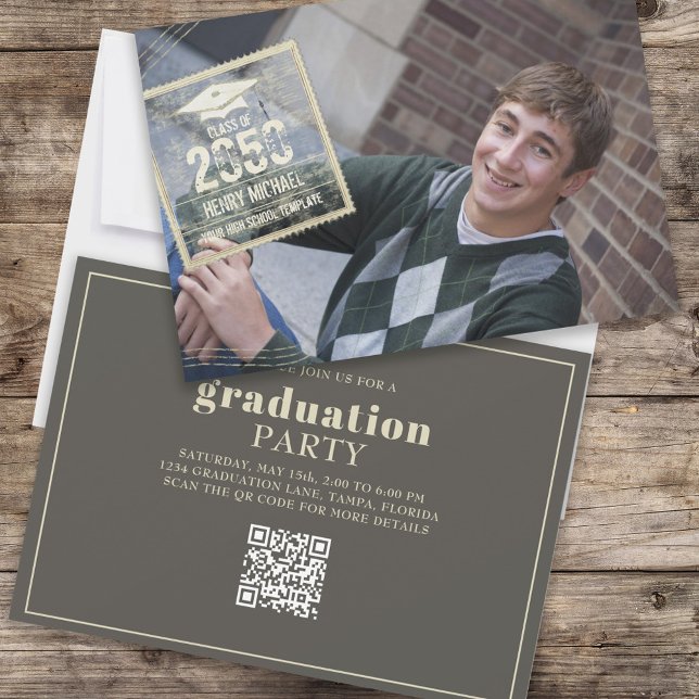 Graduate Photo Modern Gold Cool Grad Stamp QR Code Invitation (Creator Uploaded)