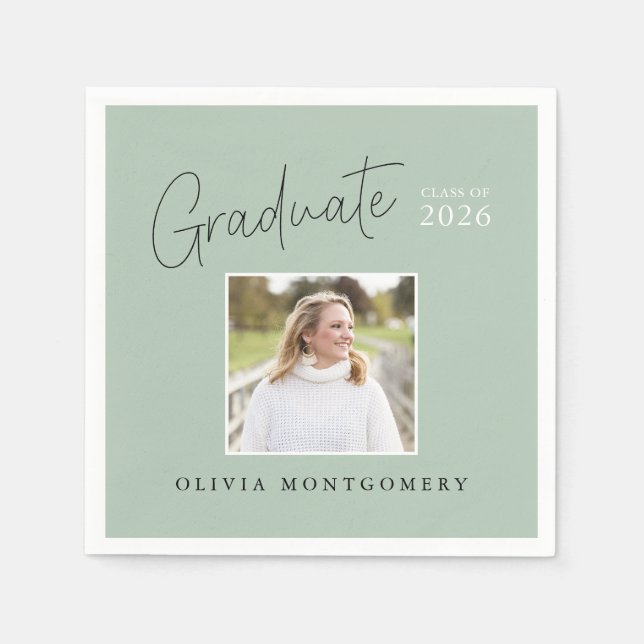 Graduate Photo Modern Script Graduation Party Napkin (Front)