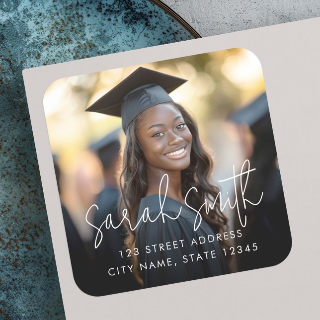 Graduate photo modern script return address square sticker (Graduate photo modern script return address square sticker)