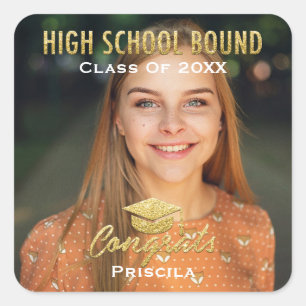 Graduate Photo Name Gold Glitter High School Moden Square Sticker