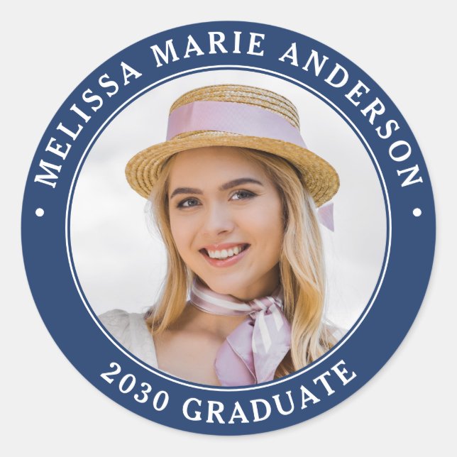 Graduate Photo Name Year Navy Blue Graduation Classic Round Sticker (Front)