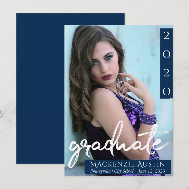 Graduate Photo | Navy Script Dark Blue Keepsake Announcement (Front/Back)