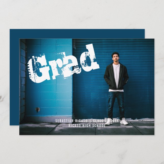 Graduate Photo Personalized Graffiti  Blue Invitation (Front/Back)