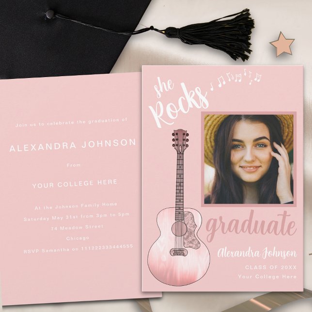 Graduate Photo Pink Country Music Graduation Party Invitation (Pink country music graduate photo graduation party invitation with rustic acoustic guitar and script)