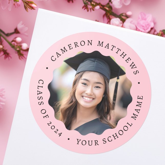 Graduate photo pink wavy border graduation classic round sticker (Graduate photo pink wavy border graduation classic round sticker)