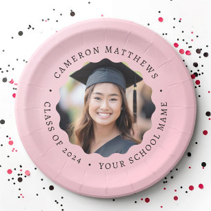 Graduate photo pink wavy border graduation paper plate