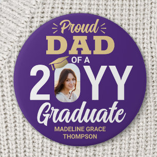 Graduate Photo Proud Dad Modern Purple and Gold 3 Inch Round Button