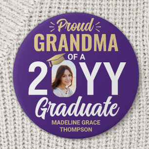 Graduate Photo Proud Grandma Modern Purple & Gold 3 Inch Round Button
