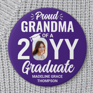 Graduate Photo Proud Grandma Modern Purple & White 3 Inch Round Button