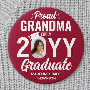 Graduate Photo Proud Grandma Modern Red and White 3 Inch Round Button