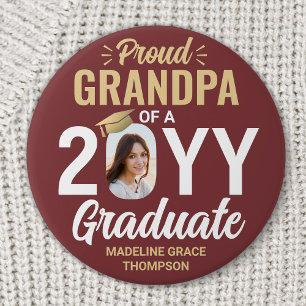 Graduate Photo Proud Grandpa Burgundy Red and Gold 3 Inch Round Button