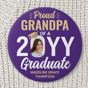 Graduate Photo Proud Grandpa Modern Purple & Gold 3 Inch Round Button