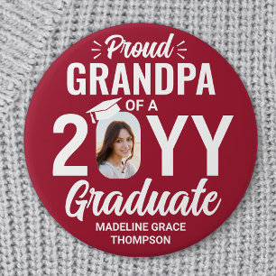 Graduate Photo Proud Grandpa Modern Red and White 3 Inch Round Button